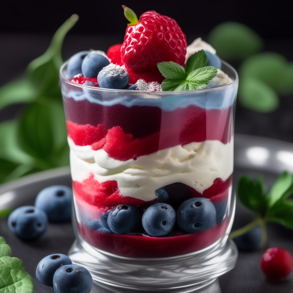 A close up photo of a parfait glass filled with layers of red and blue berries, velvety cream, mint leaves and powdered sugar