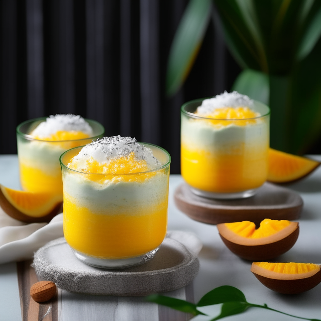 Two transparent cups filled with layers of golden mango puree, white chia pudding, diced mango pieces and shredded coconut, with a tropical backdrop