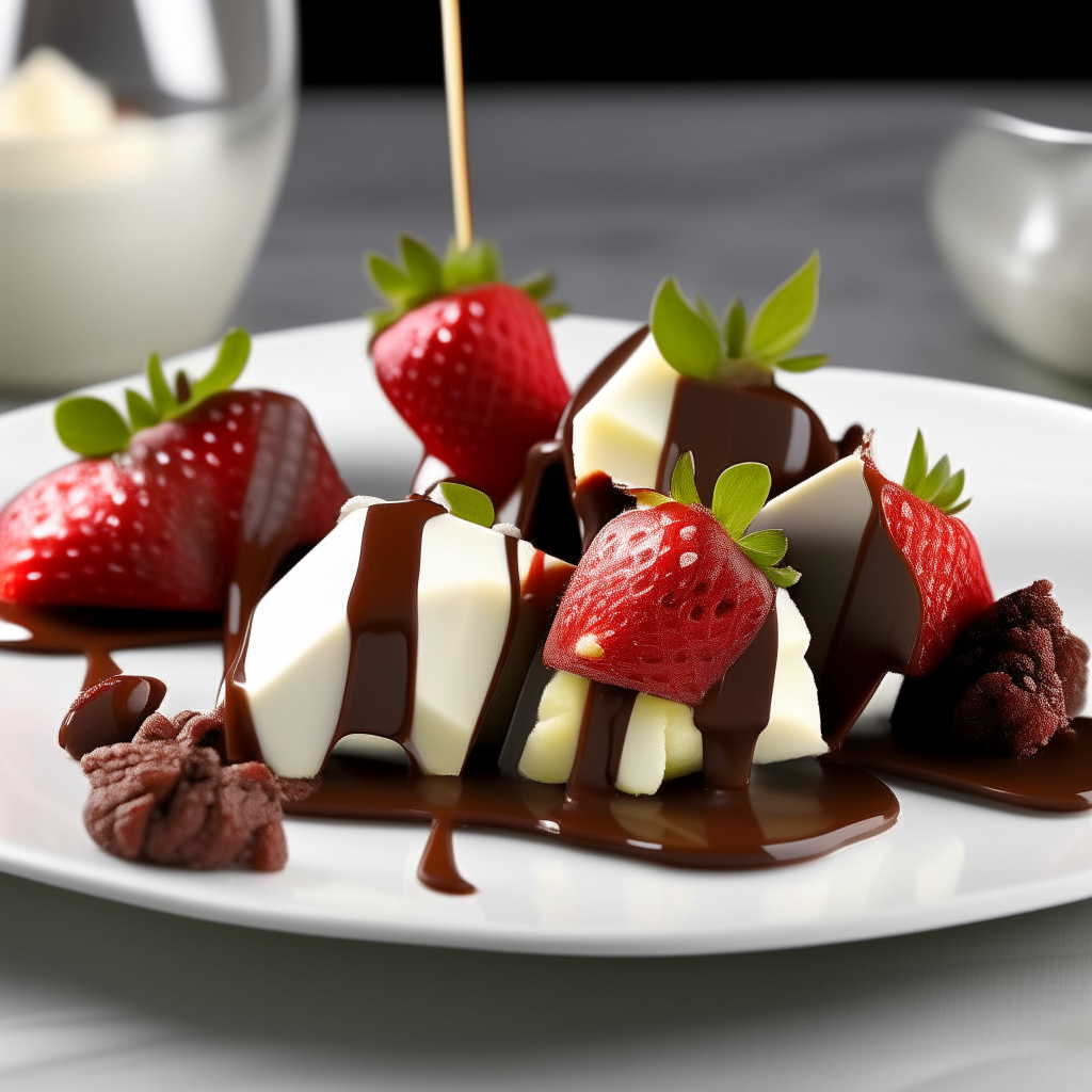 Glossy dark chocolate-dipped strawberries artfully arranged on a white plate, with chopped nuts and white chocolate drizzle