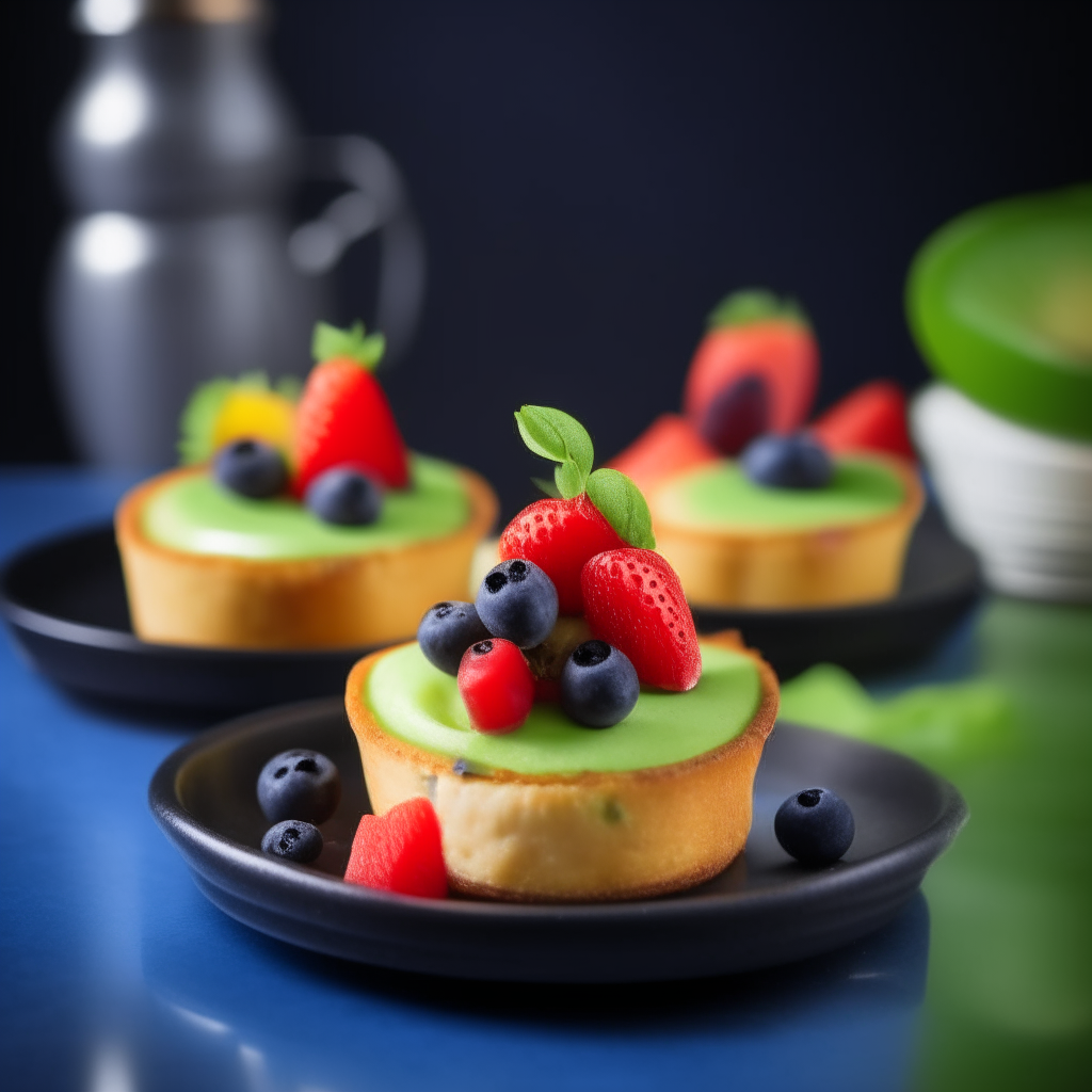 Two golden-brown mini cheesecakes topped with blueberries, strawberries, kiwi and mint, with an air fryer in soft focus in the background