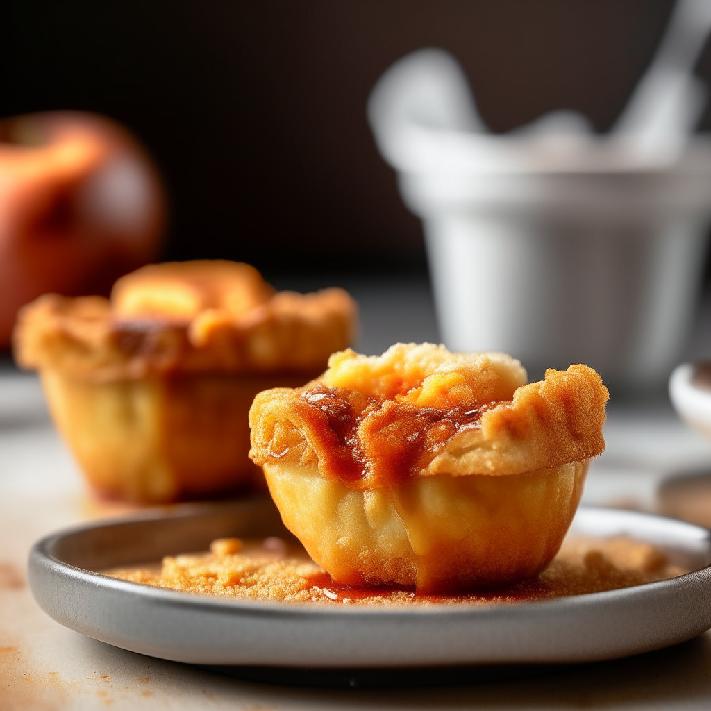 Two golden-brown crumble cups filled with caramelized apple pieces, drizzled with honey and sprinkled with cinnamon, with an air fryer in soft focus in the background