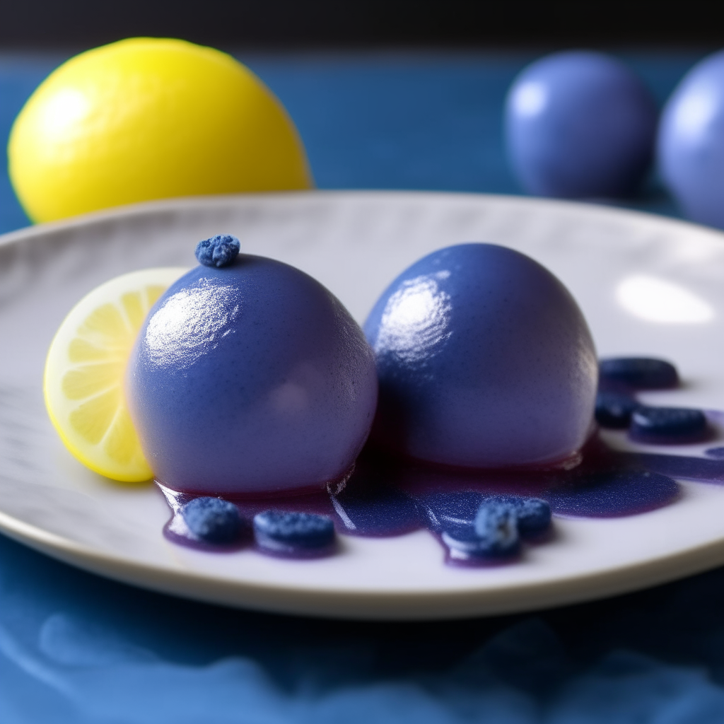 A close up photo of chilled blueberry sorbet spheres garnished with lemon rind, on a plate