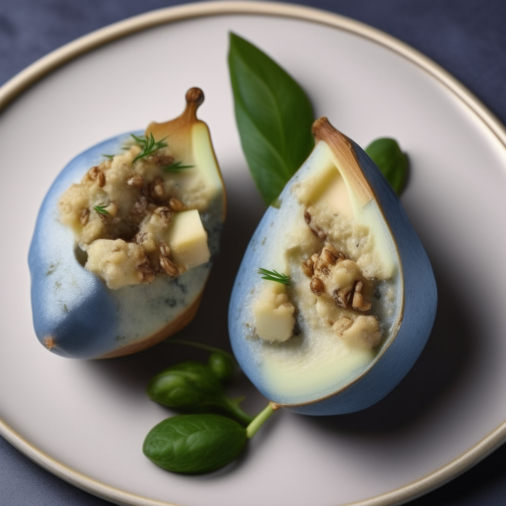 Two pear halves filled with crumbly blue cheese and walnuts, with a sprig of rosemary, photographed close up on a plate