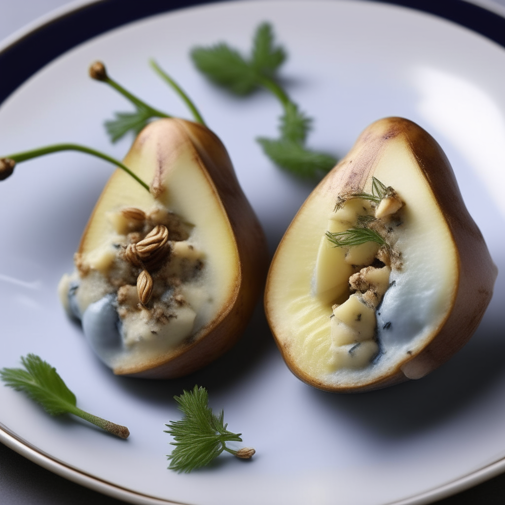 Two pear halves filled with crumbly blue roquefort cheese and walnuts, with a sprig of rosemary, photographed close up on a plate