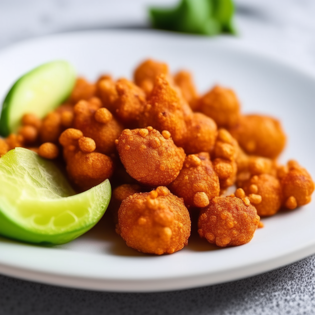 A close up photo of crispy, golden chickpeas generously coated in chili-lime seasoning, on a white plate with a lime wedge and chili powder