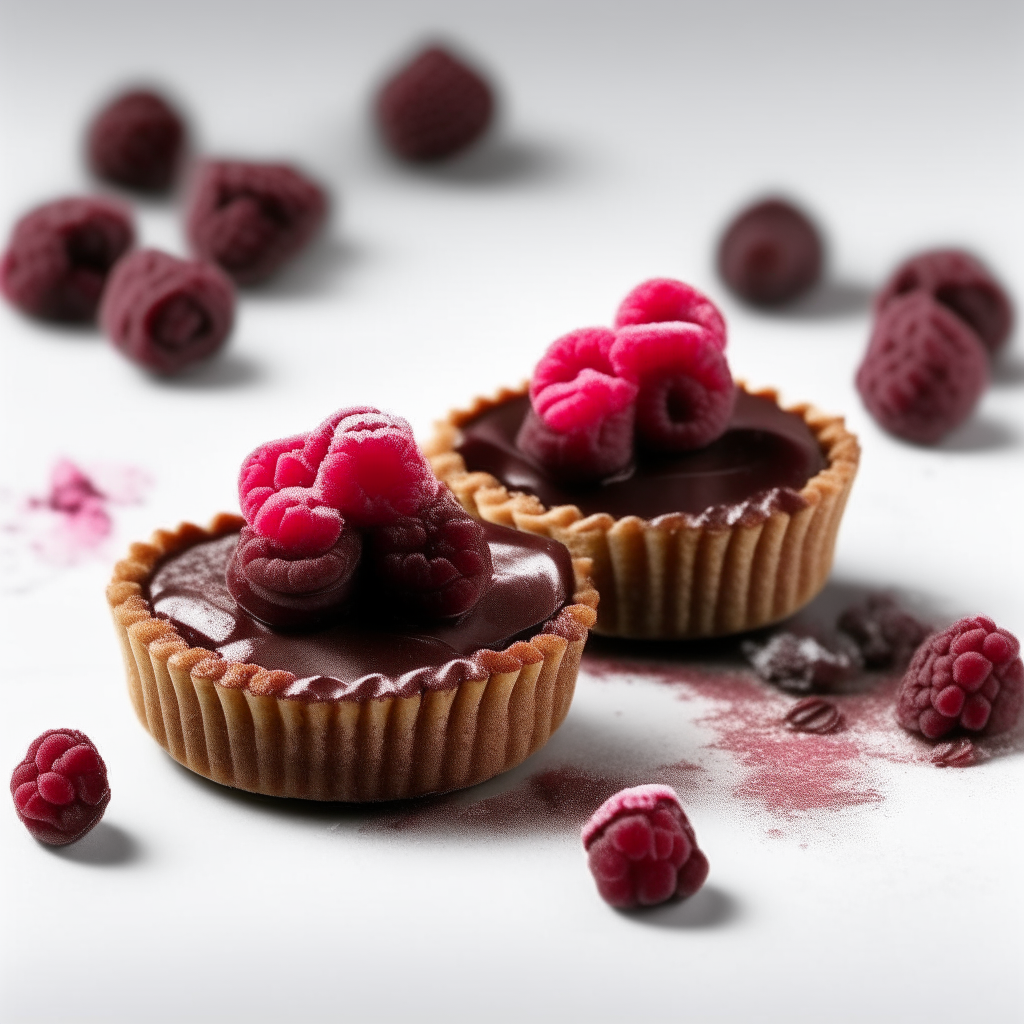 Two mini chocolate tarts filled with raspberry, photographed in high resolution on a white background with cocoa powder and raspberries