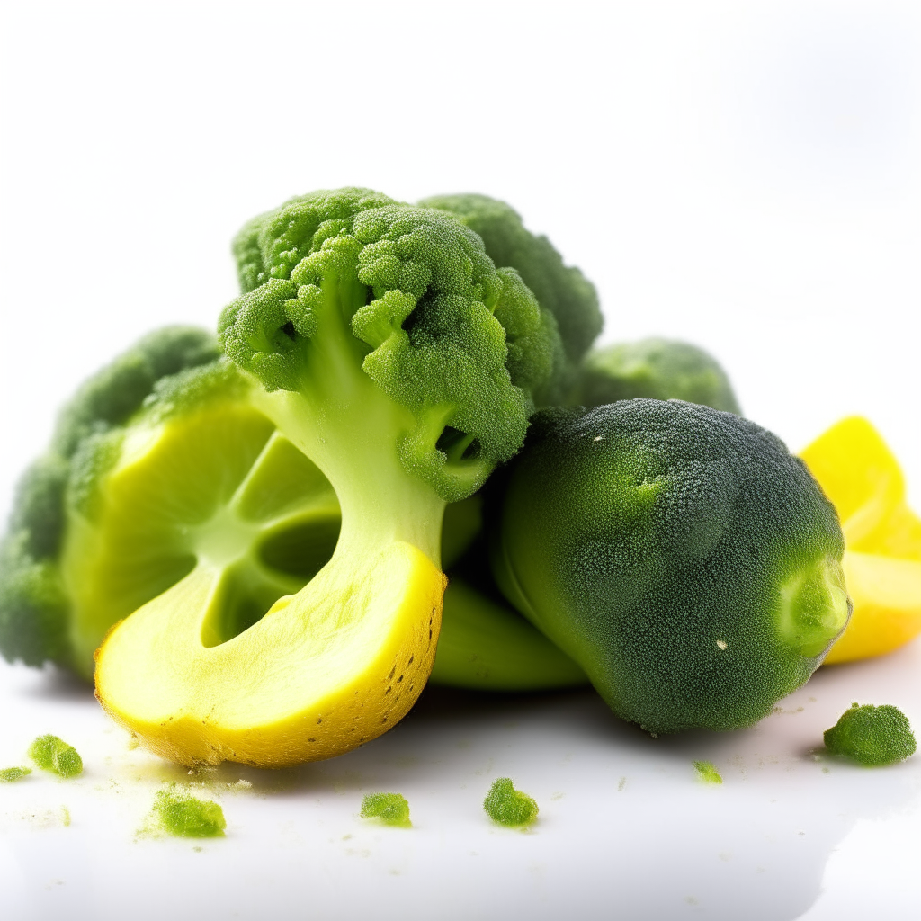 A close up photo of bright green broccoli florets with a lemony glaze, lemon zest, cracked pepper and a lemon wedge, with steam rising against a white background