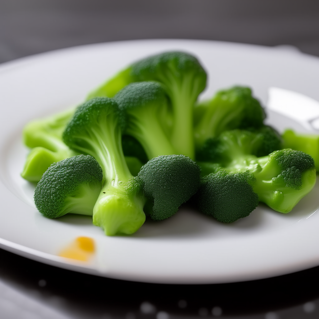 A close up photo of bright green broccoli florets with a light glaze, served on a white plate