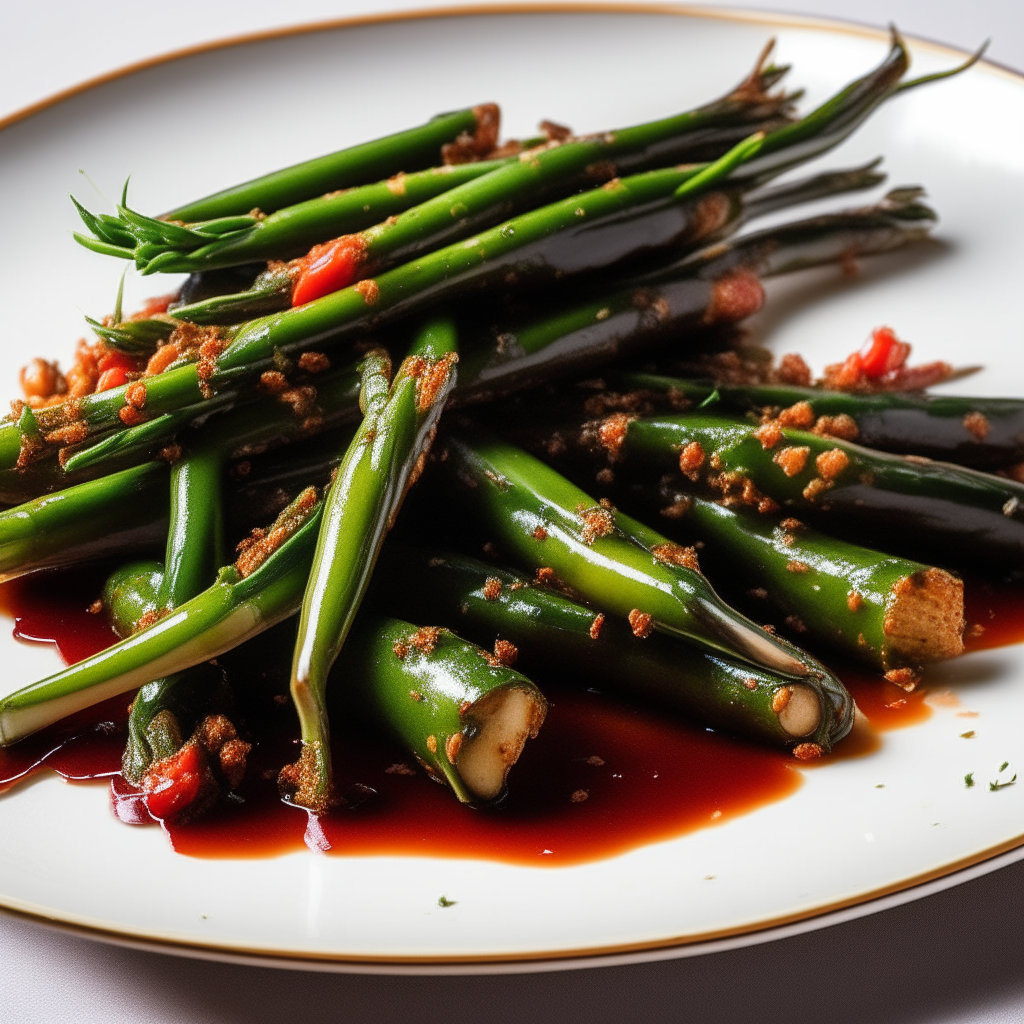 A close up photo of asparagus spears with charred tips and a sweet chili glaze, with red chili flakes and chopped parsley on a white plate