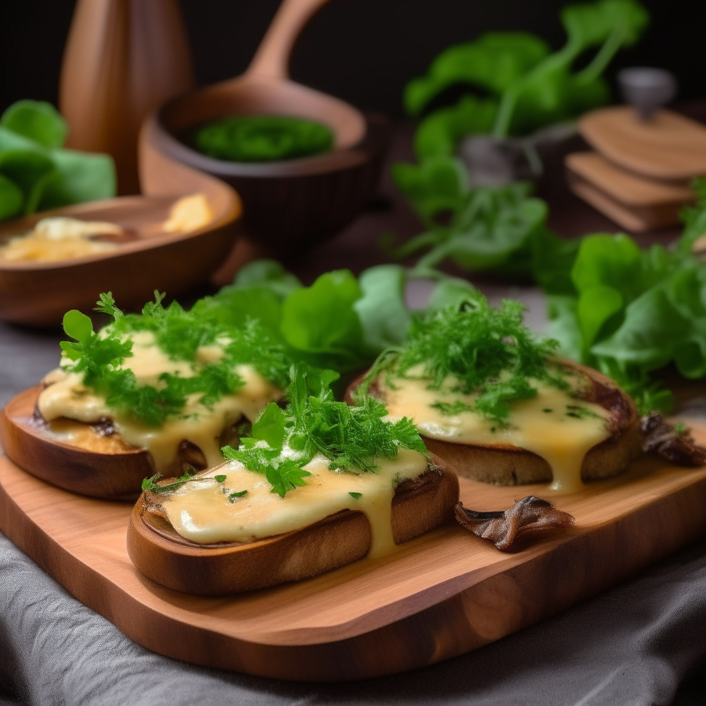 Crispy golden toasts topped with sautéed mushrooms, melted cheese and herbs on a wooden plate with salad