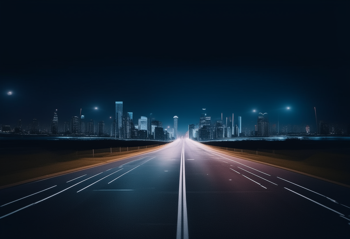 a long empty road stretching into the distance under a clear night sky, the bright lights of a towering futuristic city visible on the horizon