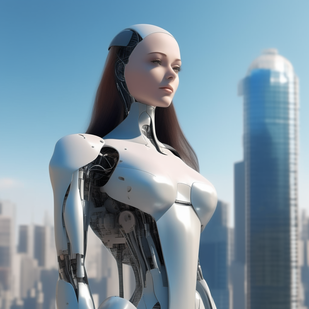 A beautiful young woman has a pale humanoid robot body. She has long hair and striking facial features. Behind her is a futuristic skyline of towering glass and steel skyscrapers against a blue sky.