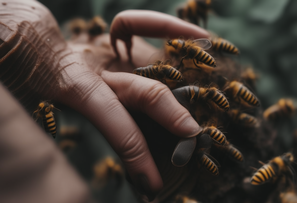 A mans hand in the hive 