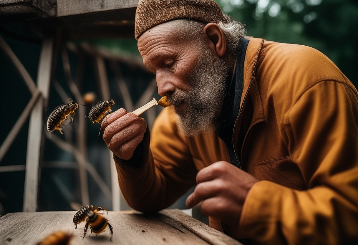 A mans eating honey from  the hive 