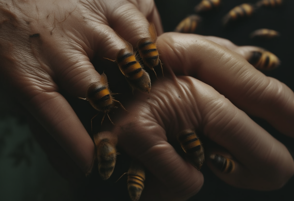 A man’s hand in the hive 