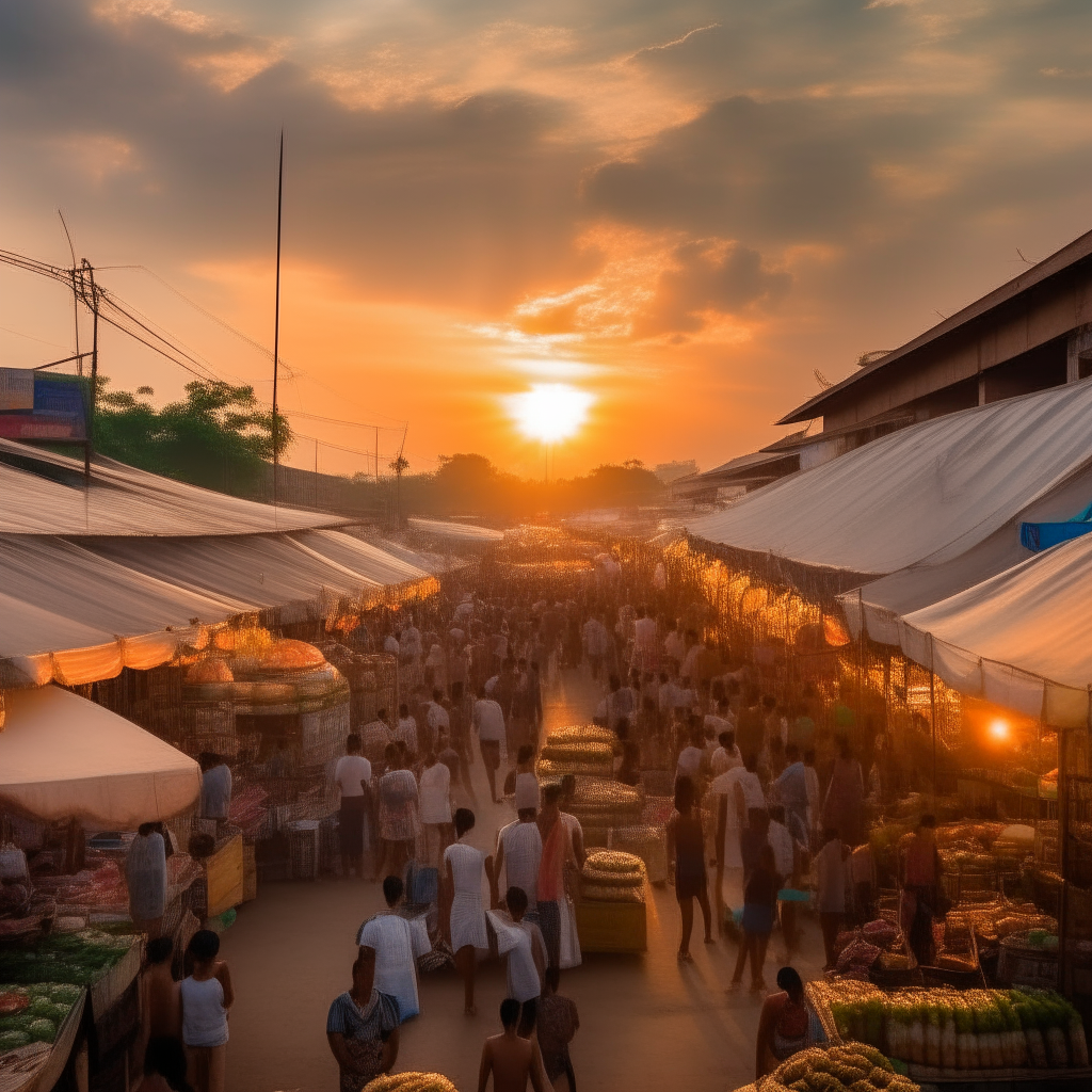 Beautiful image of a busy Thai market with a sunset.