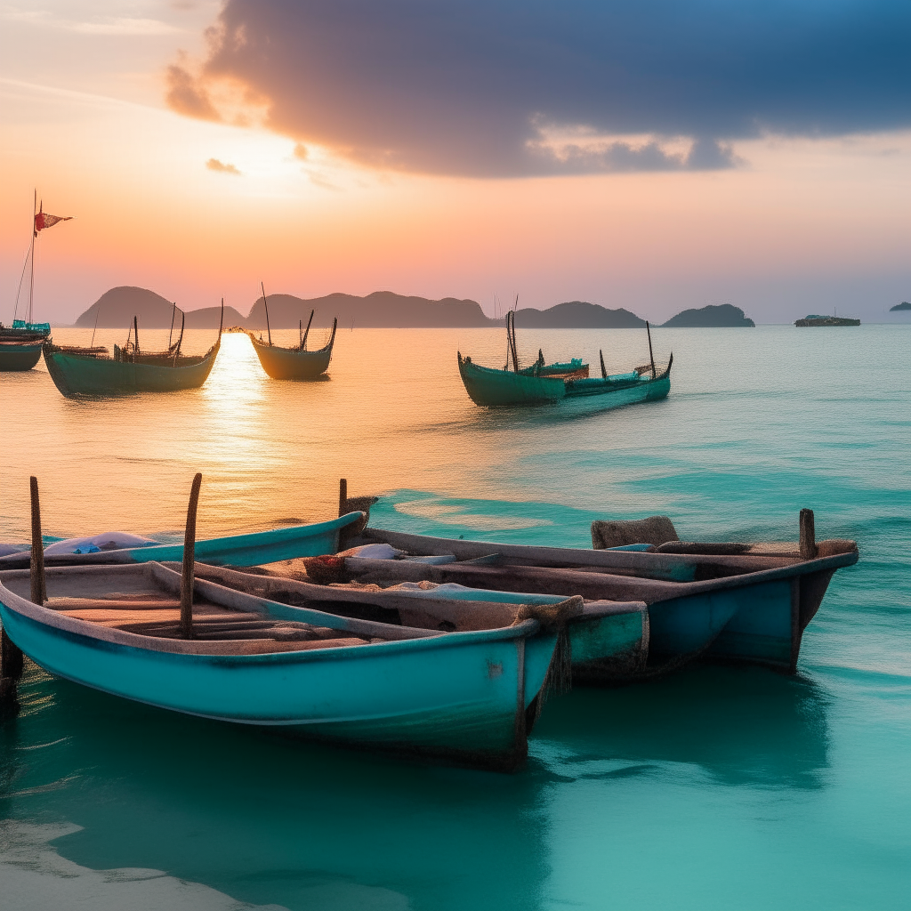 Thai fishing boats landing their fish, with a beautiful turquoise sea in the background and a sunset.