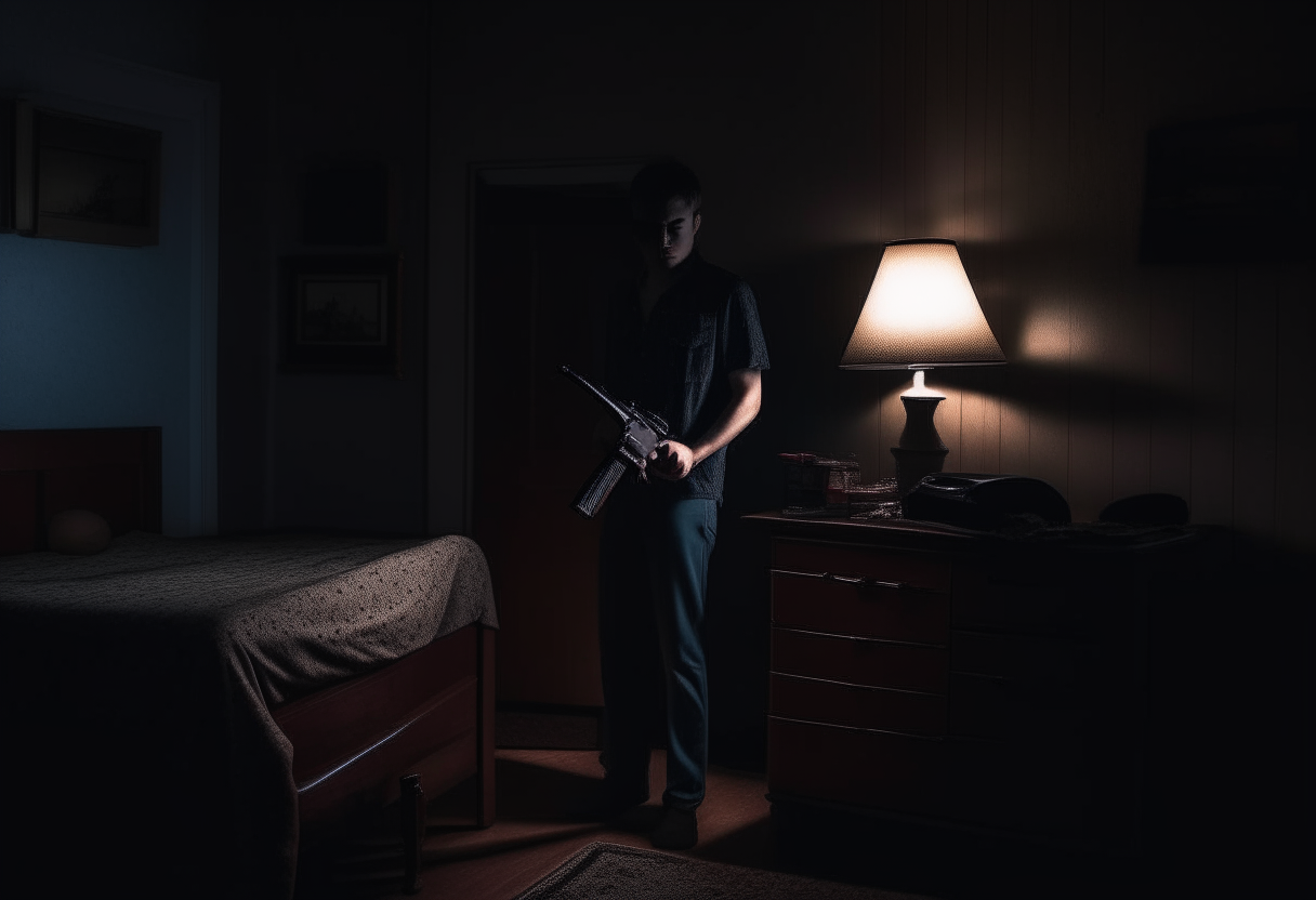 a guy alone in a dark room and a gun on the dresser