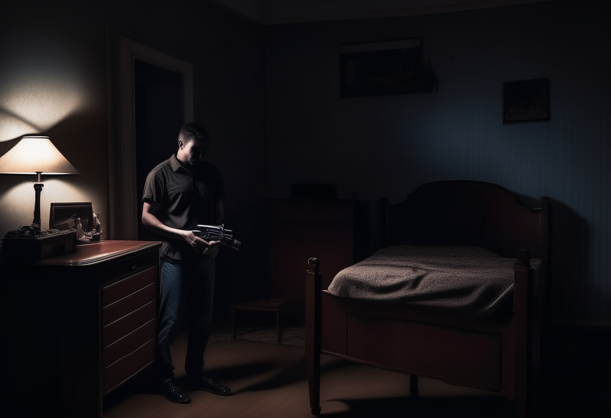 a guy alone in a dark room and a gun on the dresser