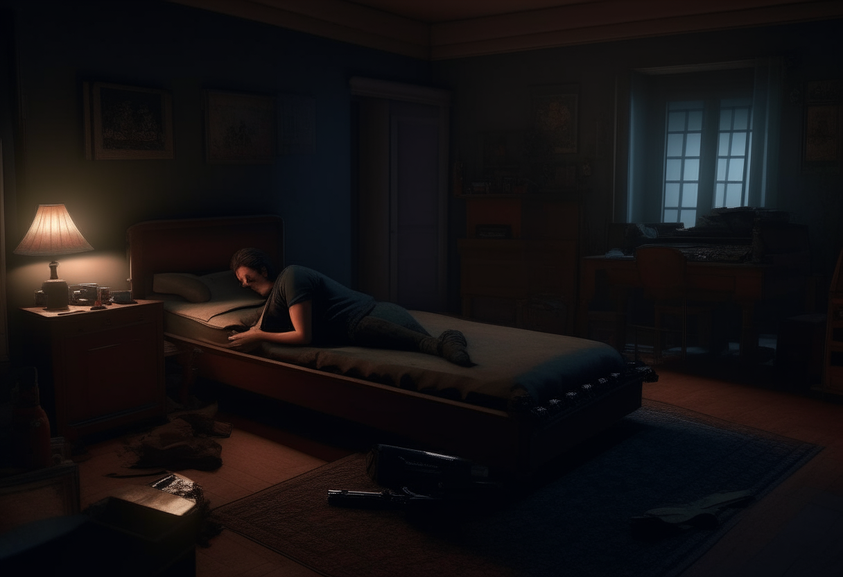 a guy alone lying in the dark room and a gun on the dresser, 8k, ultrarealistic
