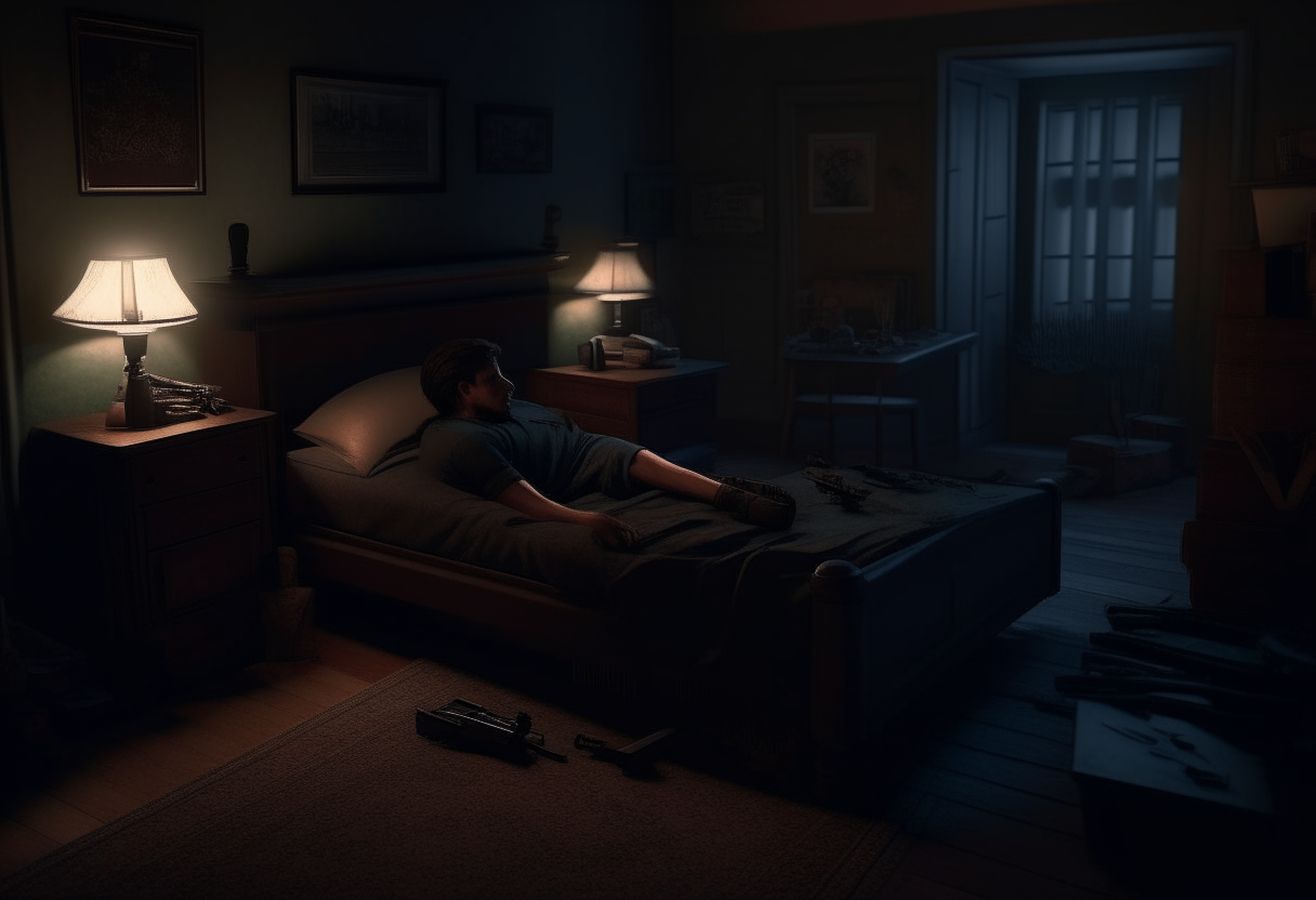 a guy alone lying in the dark room and a gun on the dresser, 8k, ultrarealistic
