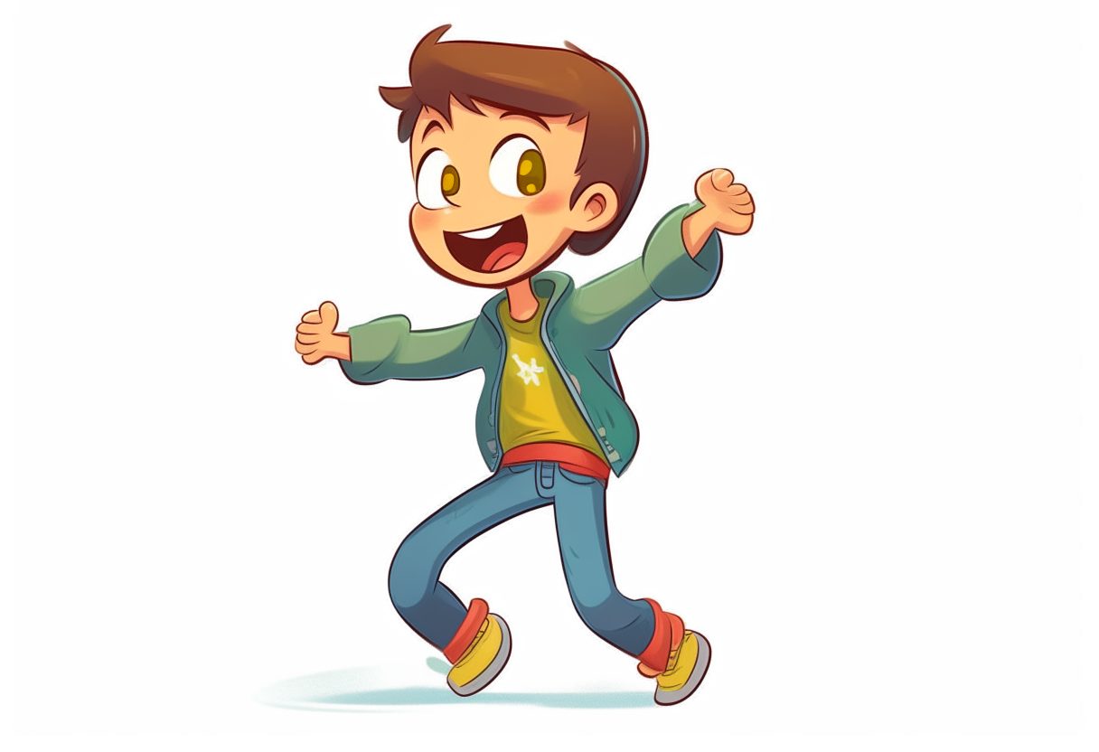 kid is dancing. cartoon. no background.