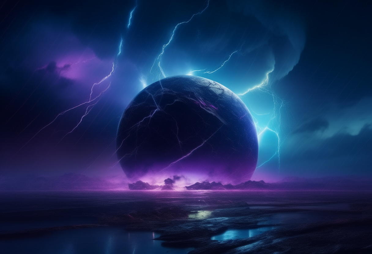A futuristic planet viewed from space at night. The dark surface is lit up by forks of purple and blue lightning crackling across the stormy sky.