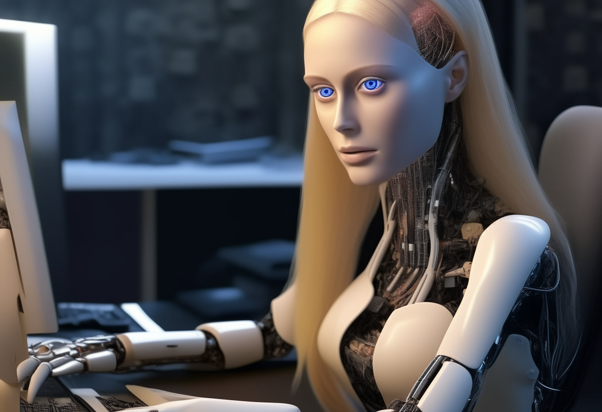 A highly realistic female humanoid robot sits at a desk, typing on a computer keyboard. She has long blond hair, blue eyes and delicate facial features.