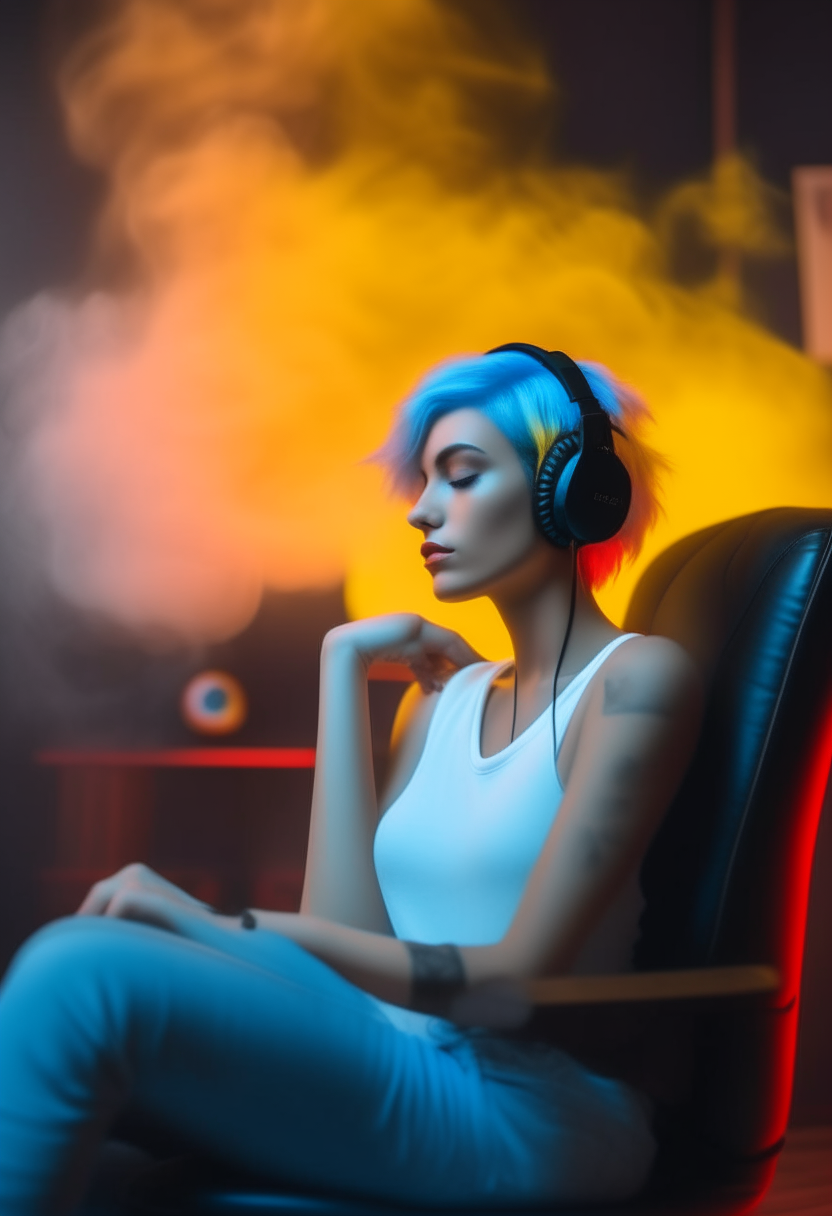 A beautiful woman with white skin, black eyes, a slim body, and her hair color is black. Her picture is clear and large, and behind her is a sofa on which she is sitting. She is wearing music headphones, and blue smoke is rising from behind her in a large room in yellow, red, and blue colors. She is looking at the screen. 