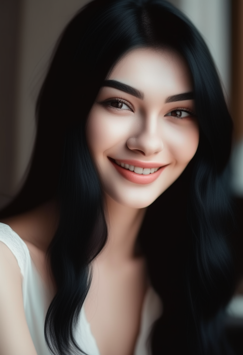 A beautiful woman with black hair, a thin and white body, and white eyes like Barbie, with clear features, and she is in a happy mood. 
