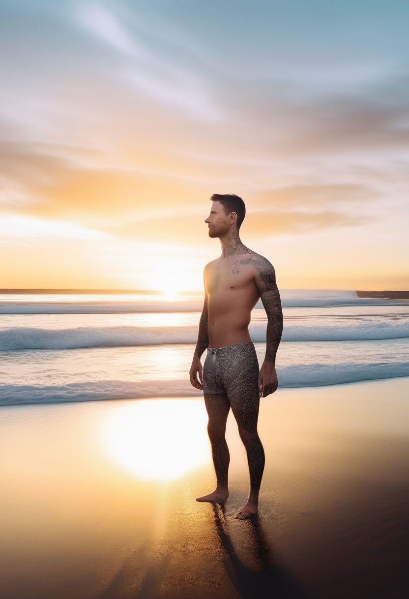 A beautiful, thin, white-skinned man with his entire body illustrated, with a beach behind him and light waves, with the waves highlighted and the sky clear at sunset, with the image being large and clear. 