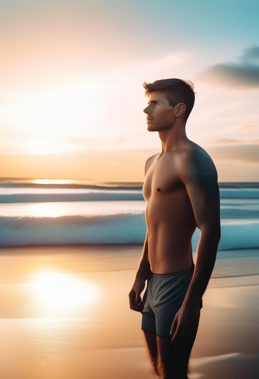 A beautiful, thin, white-skinned man with his entire body illustrated, with a beach behind him and light waves, with the waves highlighted and the sky clear at sunset, with the image being large and clear More clarification for men and medium waves 