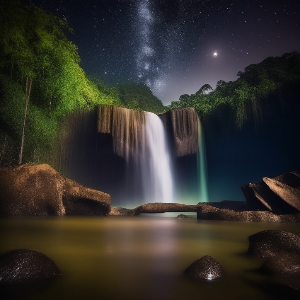 Beautiful image of a Thai Stary night over a waterfall