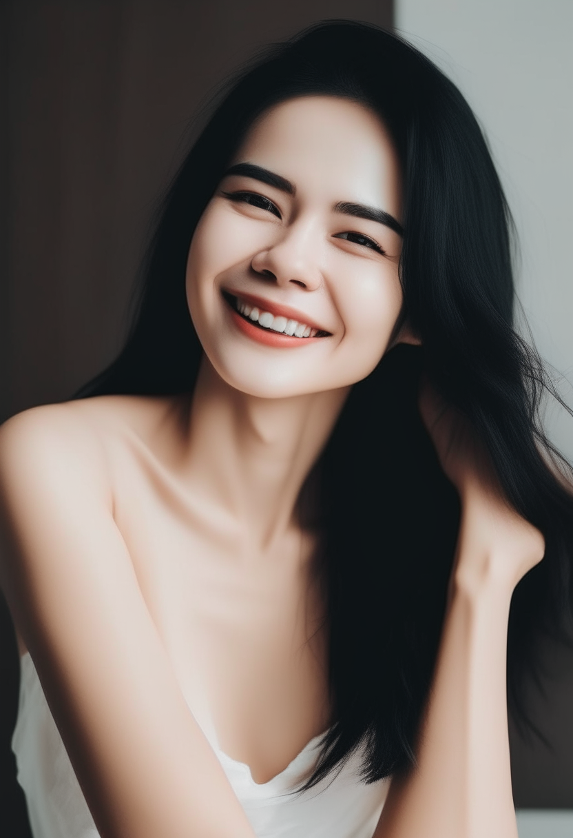 A beautiful woman with white skin, black hair, and a slim body in a happy mood 