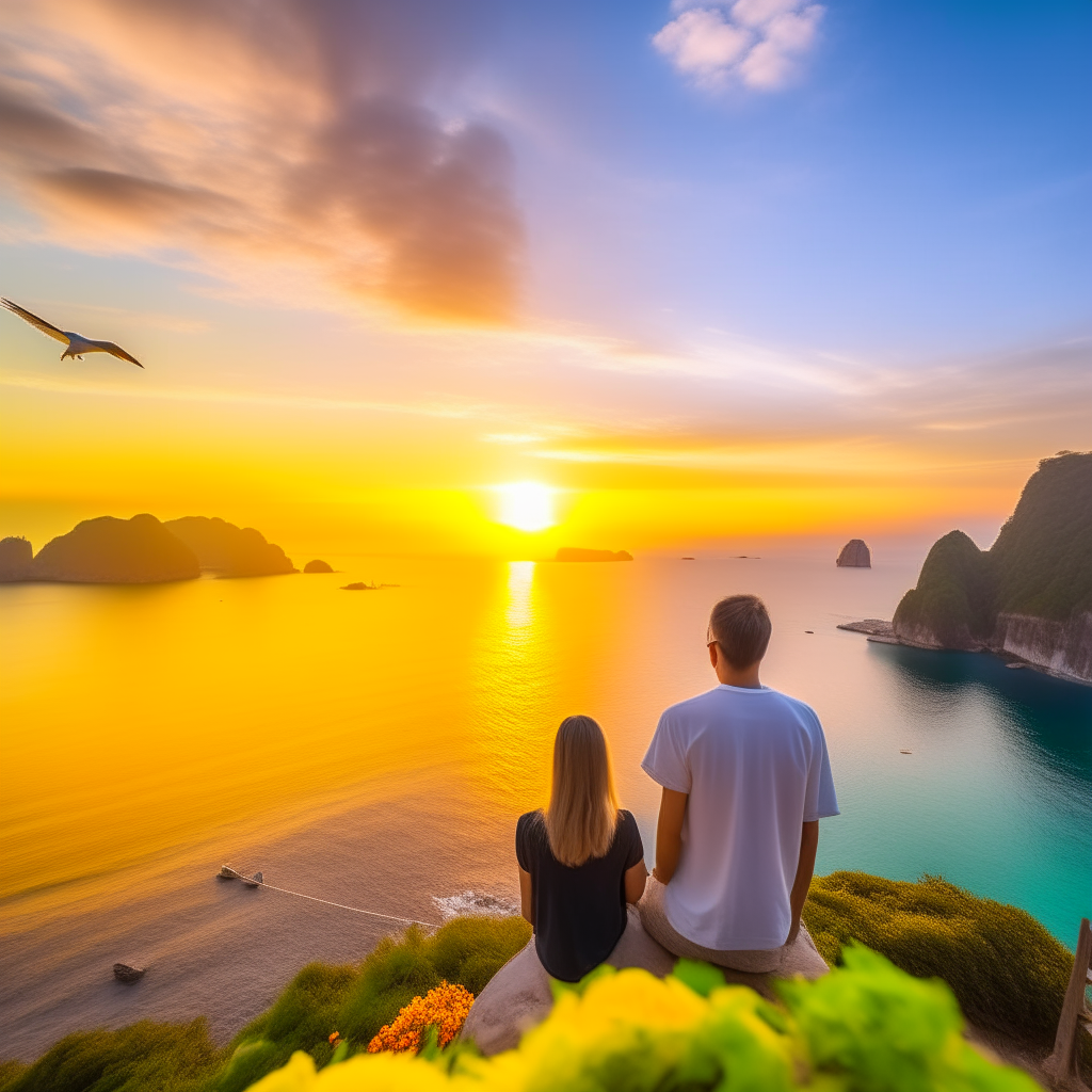 Beautiful image of a two people looking out over a cliff at a Thai bay with seagull flying and boats sailing at sunset
