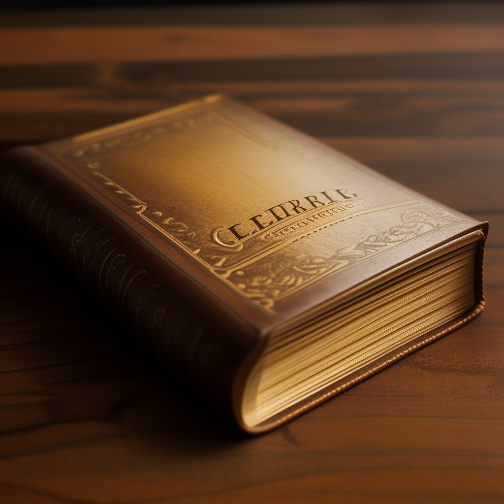 A stylized book with a brown leather cover and gold embossing on the front and spine, sitting on a wooden surface. The words 'iCartesiLibri' are written in a neat sans serif font above the book in matching gold