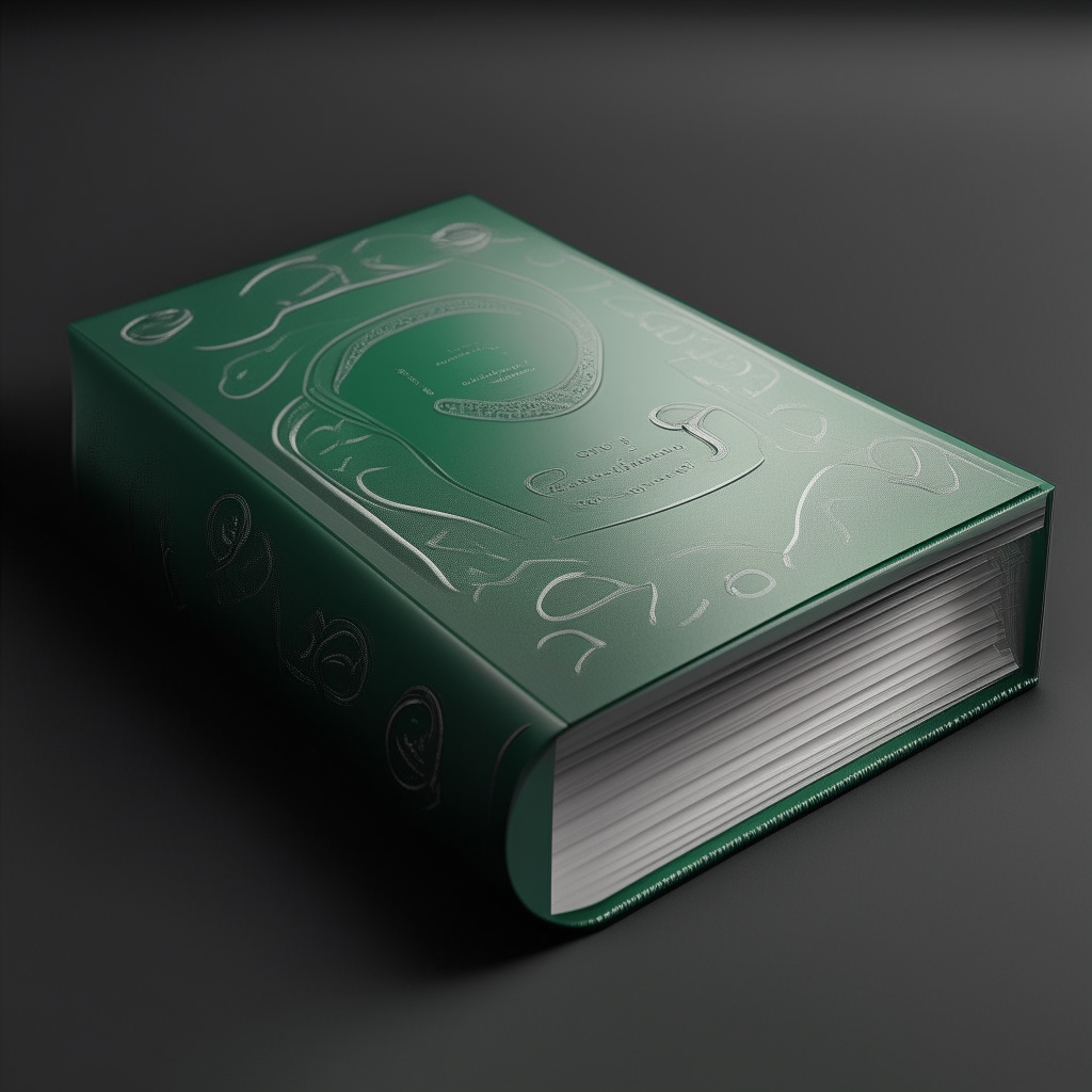 Modify the book cover design in image-1 to be a dark green leather with silver embossing and change the font color to silver as well