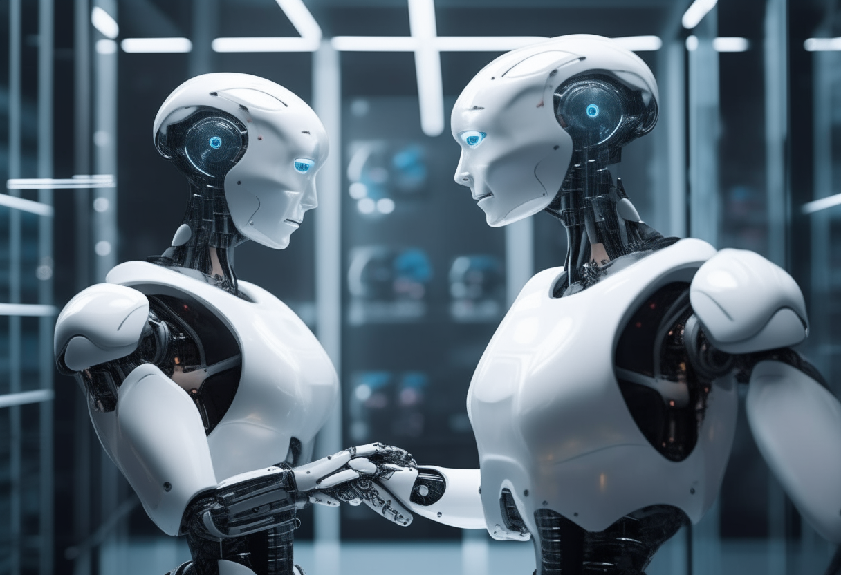 Two highly realistic humanoid robots stand facing each other in a futuristic computer lab, gesturing with their hands as they converse.