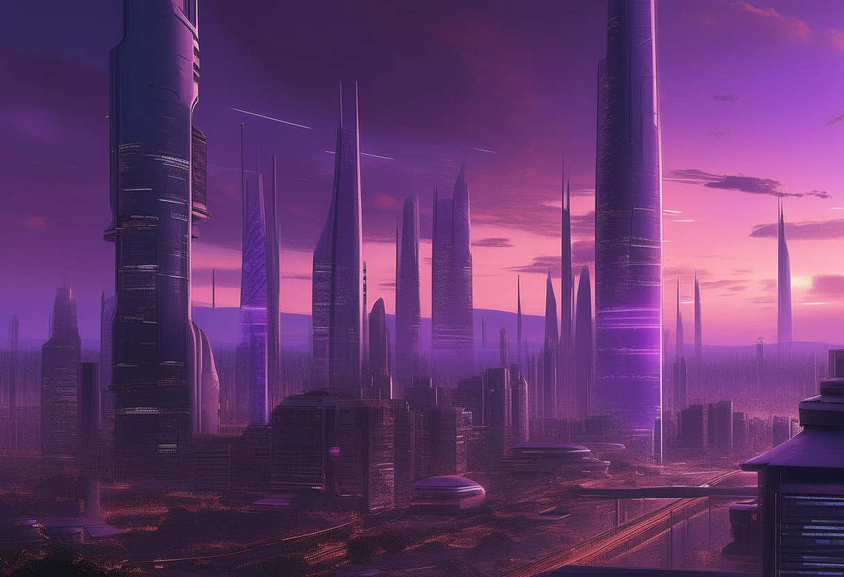 A sprawling futuristic city at dusk, with towering skyscrapers lit up against a purple sky.