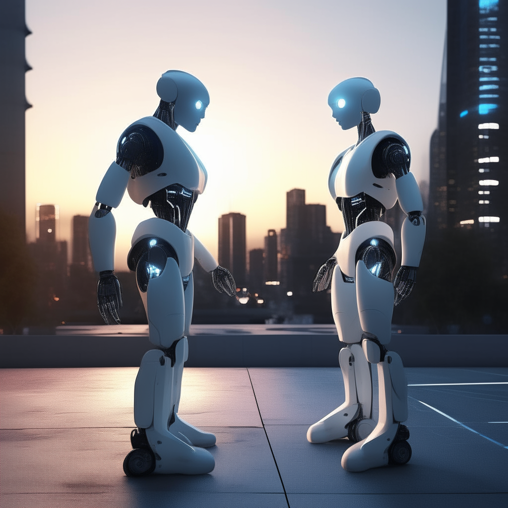 Two humanoid robots facing each other on a sidewalk, gesturing as they talk in front of the glowing city skyline.