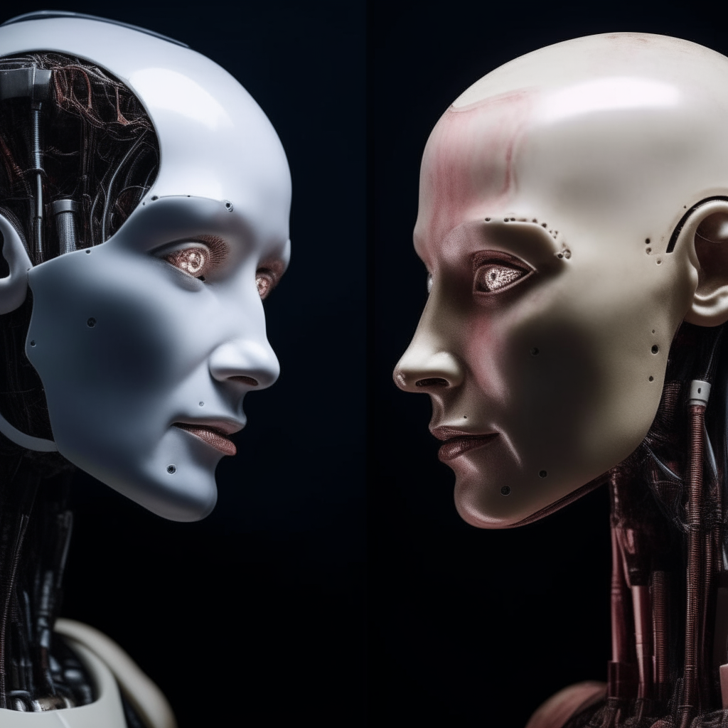 Portraits of two humanoid robots facing each other, with realistic human skin, hair, eyes and facial features.