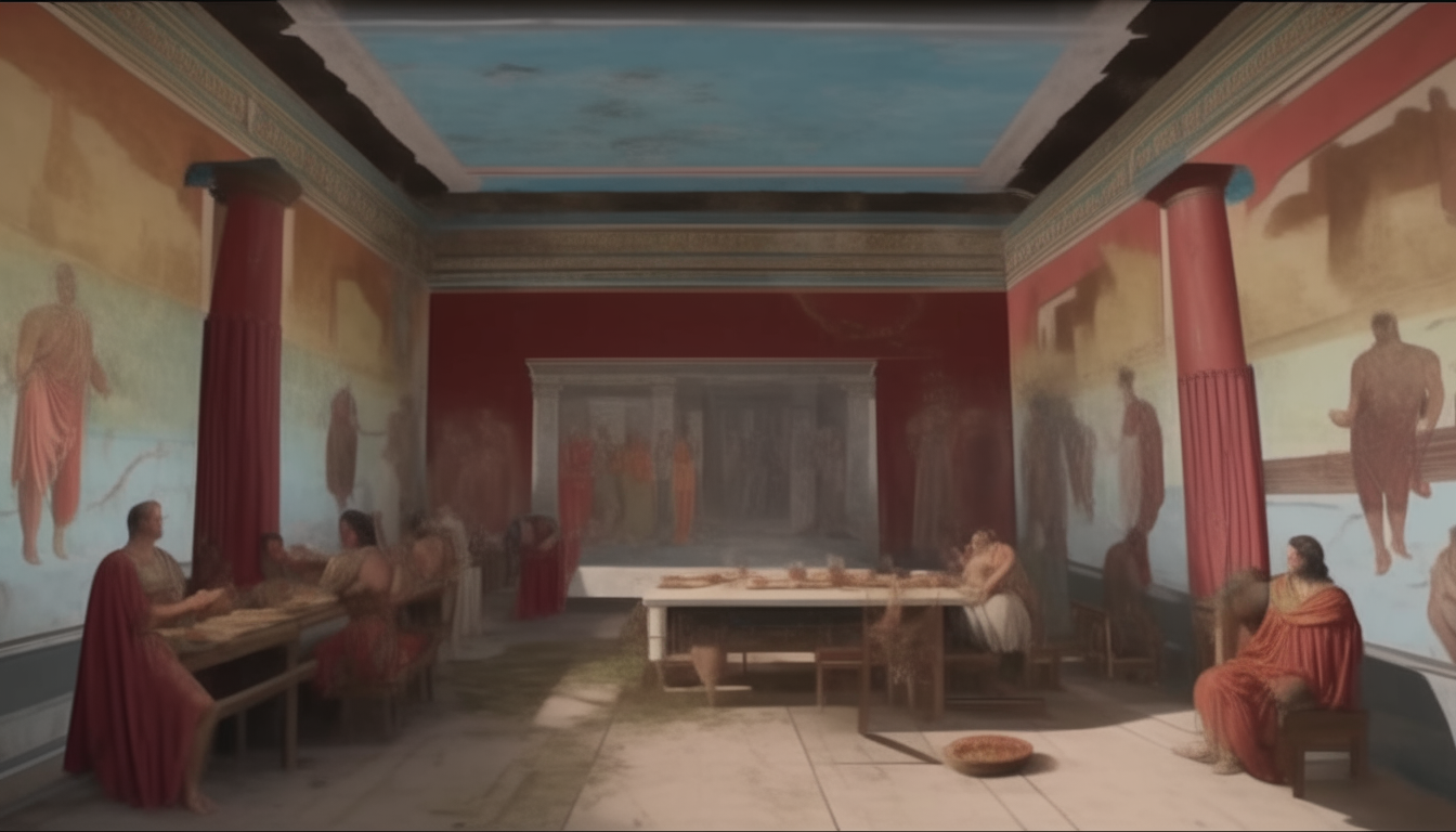 ancient roman frescoes in the style of the House of Menander at Pompeii, depicting a banquet scene with figures in vibrant colored robes and sandals against a backdrop of classical architecture with intricate frescoes, photorealistic 4k resolution