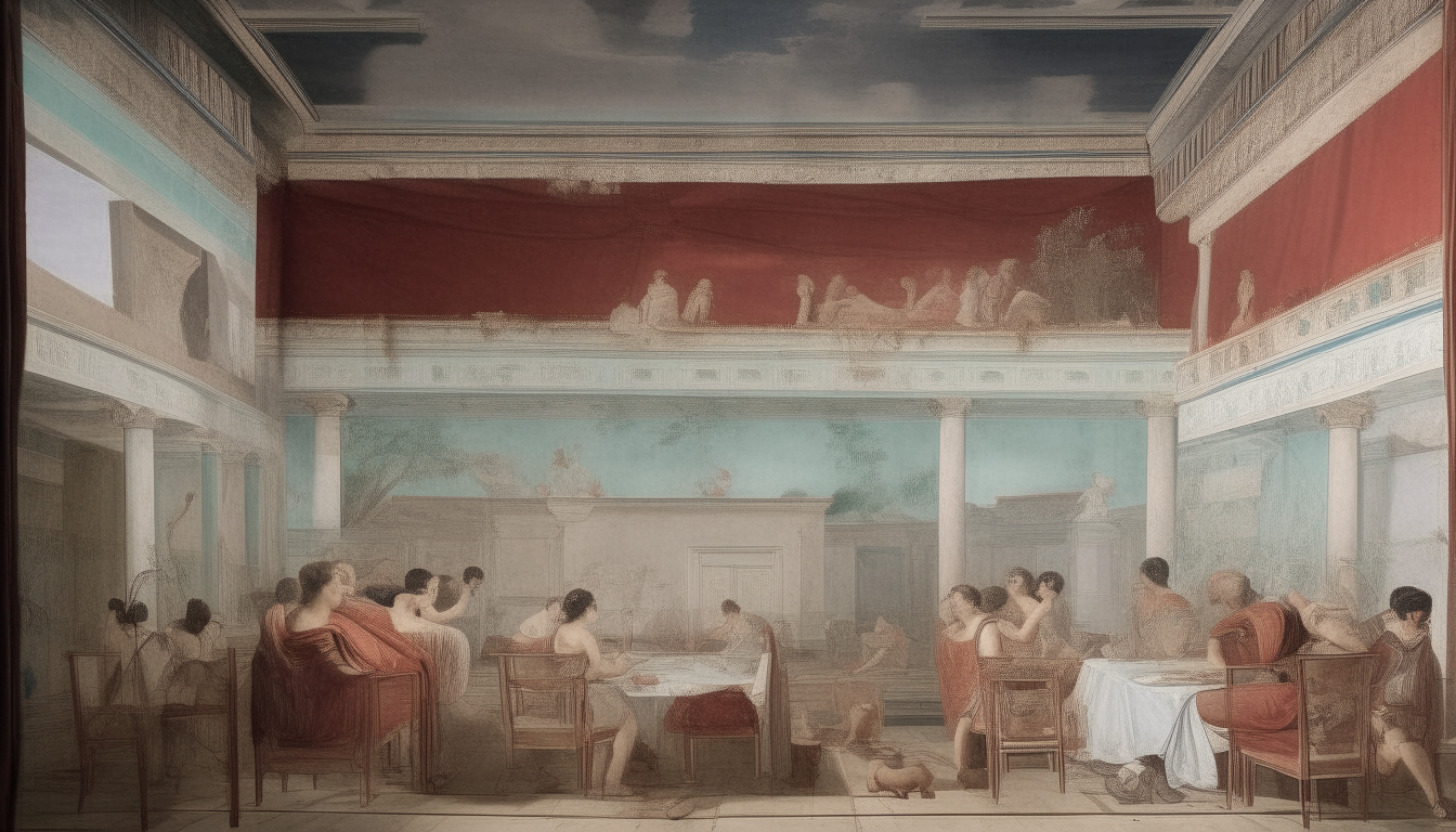 an ancient Roman fresco depicting a banquet scene in the style of the House of Menander at Pompeii, with figures reclining on couches and being served by attendants, against a backdrop of classical architecture and intricate fresco designs