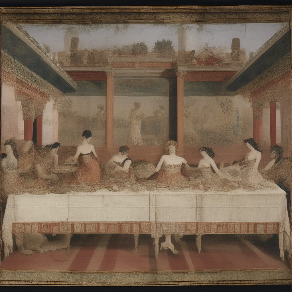 a panel depicting a banquet scene with figures reclining on couches in the style of frescoes from the House of Vetti at Pompeii