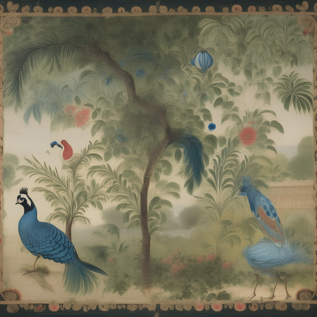 a panel showing a landscape garden with peacocks and other birds among plants and trees in the style of frescoes from the House of Vetti at Pompeii