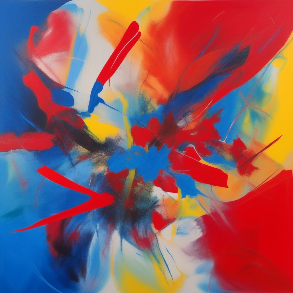 an abstract painting with a vivid red, blue and yellow background