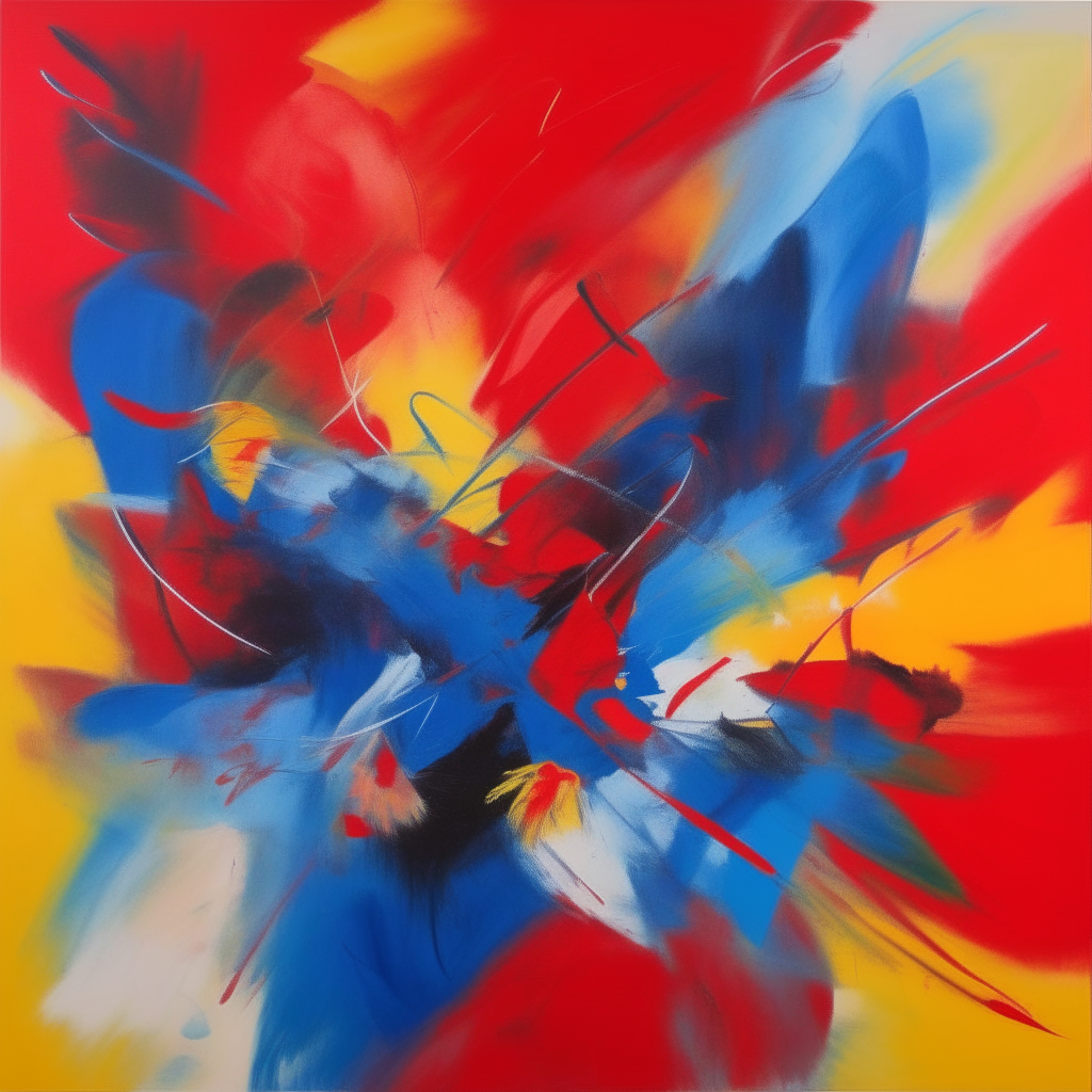 an abstract painting with a vivid red, blue and yellow background