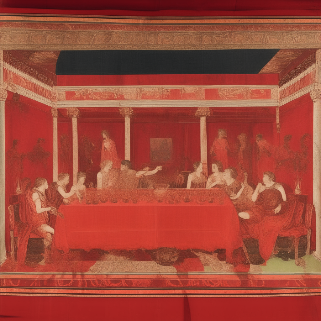 a panel depicting a banquet scene with figures reclining on couches in the style of frescoes from Oplontis, set against a vivid red background reminiscent of those found at Pompeii