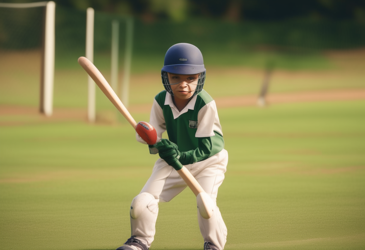 a young boy in cricket gear batting on a cricket field