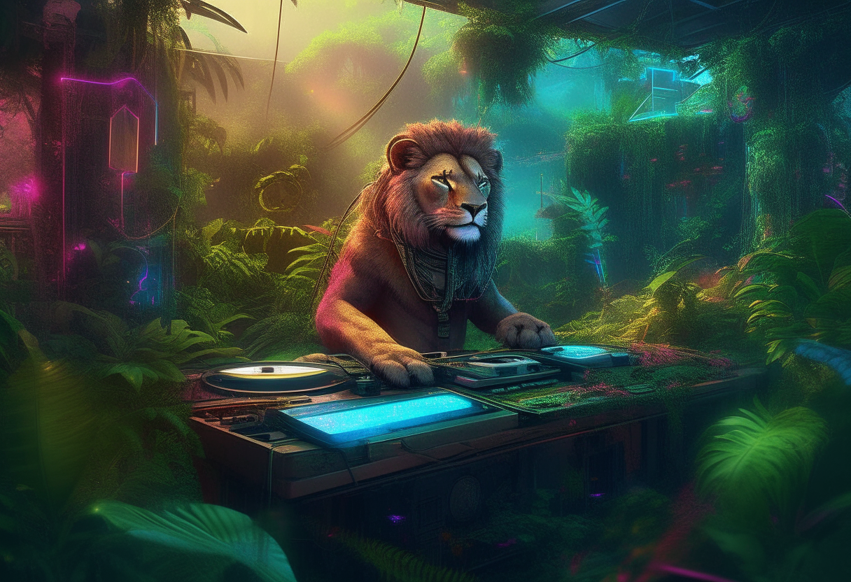 In the heart of a lush, dense jungle adorned with vibrant neon vegetation, a unique scene unfolds. A lion DJ, perched atop a platform, commands a set of turntables and towering speakers amidst the vibrant foliage. This unlikely DJ wears cyberpunk-inspired attire, fusing technology with nature, and dons futuristic shades that conceal their eyes. The turntables and speakers are integrated seamlessly into the jungle environment, pulsating with cyber-enhanced energy. As the rhythmic beats reverberate through the jungle, holographic projections of wild creatures intermingle with neon lights, creating a surreal fusion of nature and technology. The lion DJ, with a fierce yet composed presence, orchestrates this cyber-jungle rave with a mesmerizing mix, commanding both the untamed jungle and the digital realm.